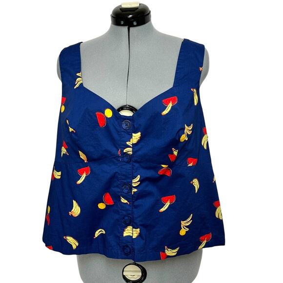 ModCloth Fruit Novelty Print Button Up Crop Top Thick Strap Smocked Back Sz: 2X - Picture 1 of 6